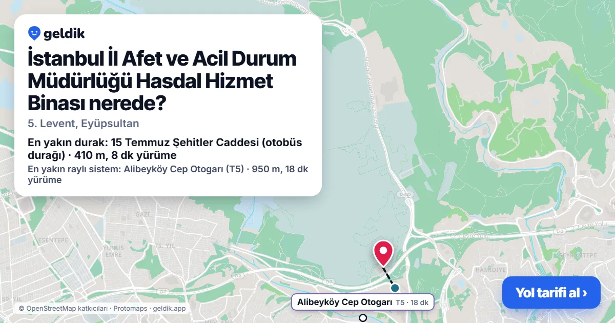 Where is İstanbul İl Afet ve Acil Durum Müdürlüğü Hasdal Hizmet Binası: map with its location and the nearest stops, with walking times