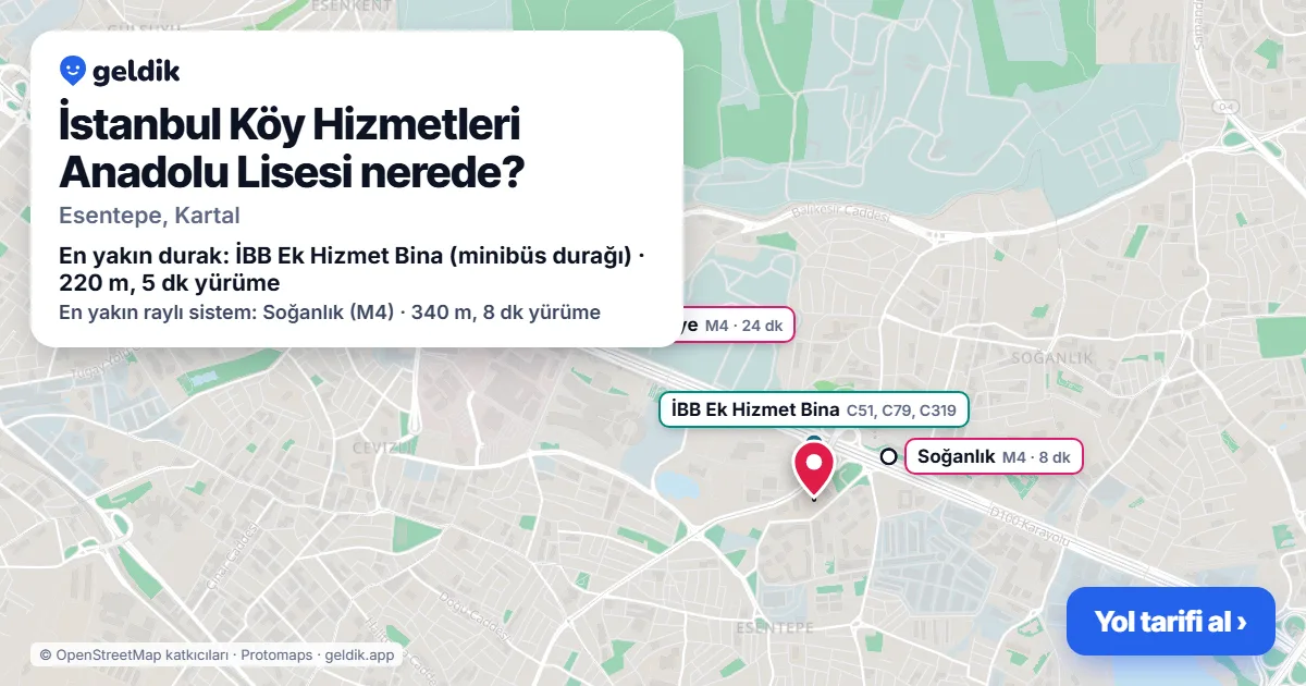 İstanbul Köy Hizmetleri Anadolu Lisesi nerede: haritada konumu ve en yakın duraklar, yürüme süreleriyle