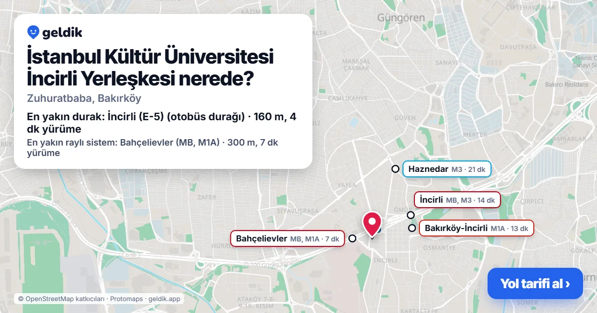 İstanbul Kültür Üniversitesi İncirli Yerleşkesi nerede: haritada konumu ve en yakın duraklar, yürüme süreleriyle