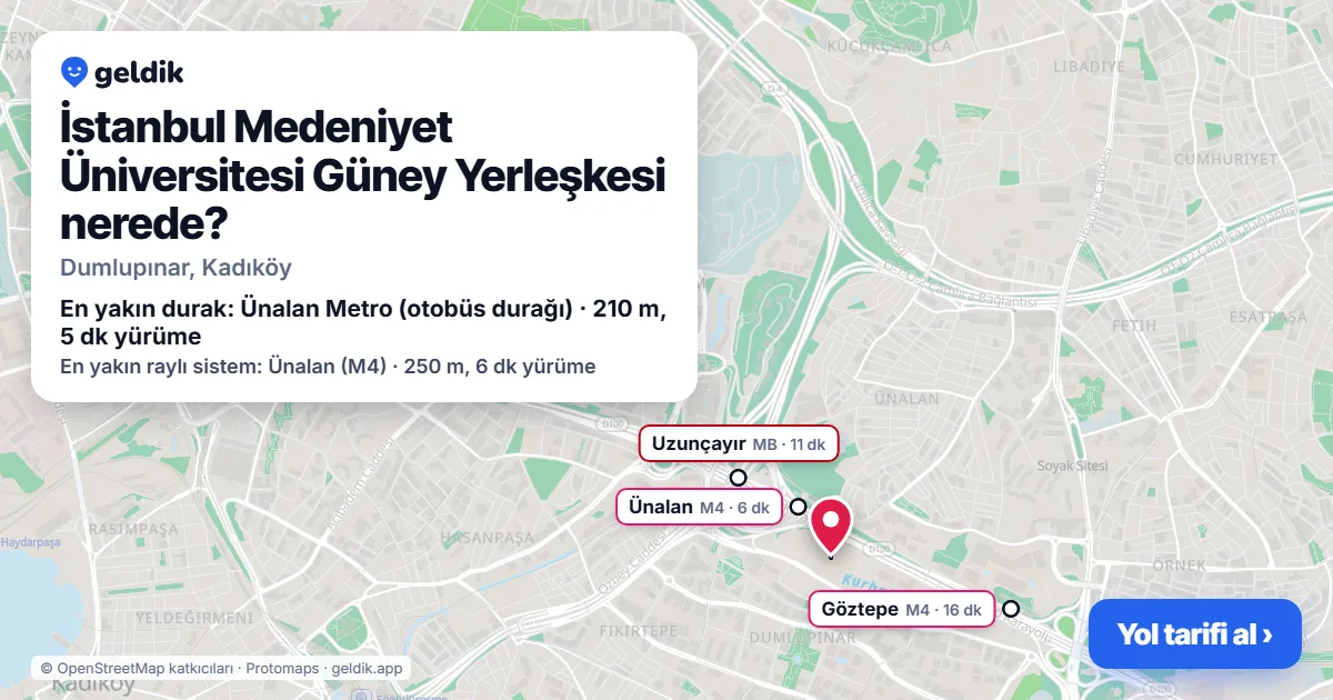 İstanbul Medeniyet Üniversitesi Güney Yerleşkesi nerede: haritada konumu ve en yakın duraklar, yürüme süreleriyle