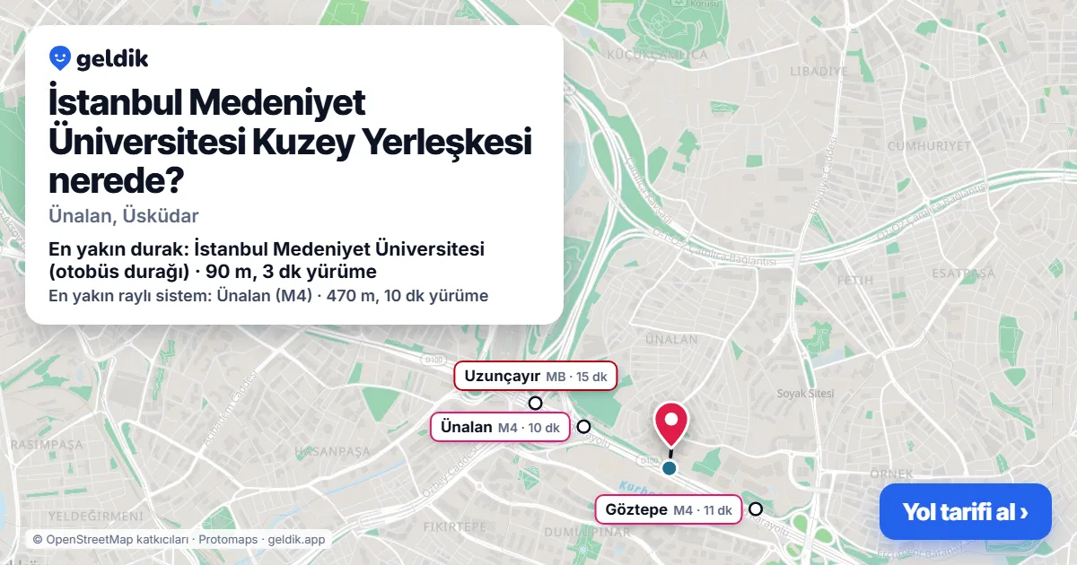Where is İstanbul Medeniyet Üniversitesi Kuzey Yerleşkesi: map with its location and the nearest stops, with walking times