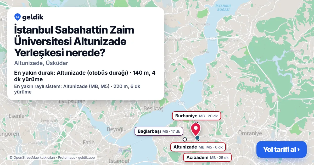 İstanbul Sabahattin Zaim Üniversitesi Altunizade Yerleşkesi nerede: haritada konumu ve en yakın duraklar, yürüme süreleriyle