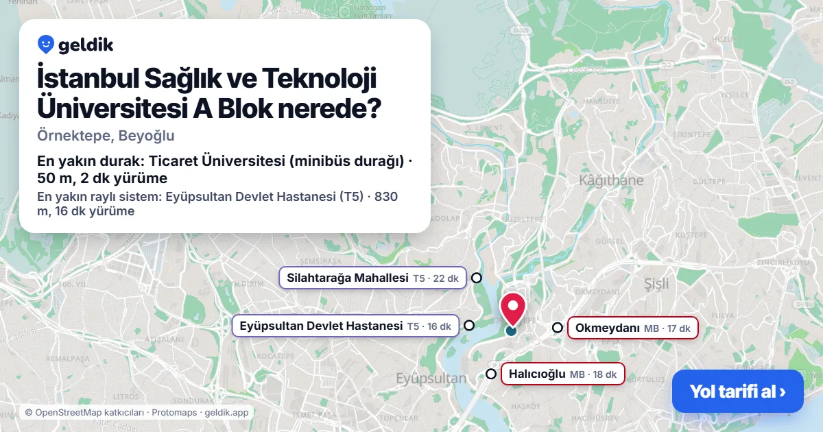 İstanbul Sağlık ve Teknoloji Üniversitesi A Blok nerede: haritada konumu ve en yakın duraklar, yürüme süreleriyle