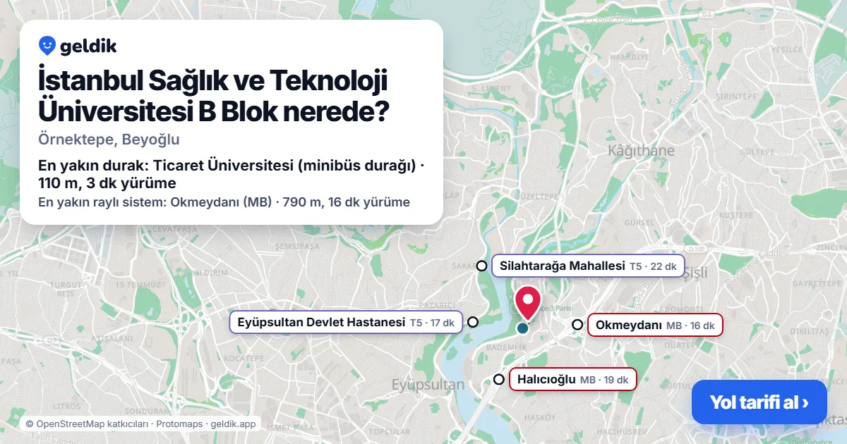Where is İstanbul Sağlık ve Teknoloji Üniversitesi B Blok: map with its location and the nearest stops, with walking times