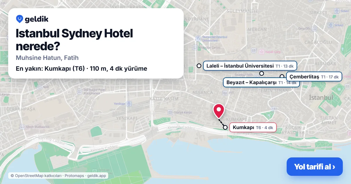 Where is Istanbul Sydney Hotel: map with its location and the nearest stops, with walking times