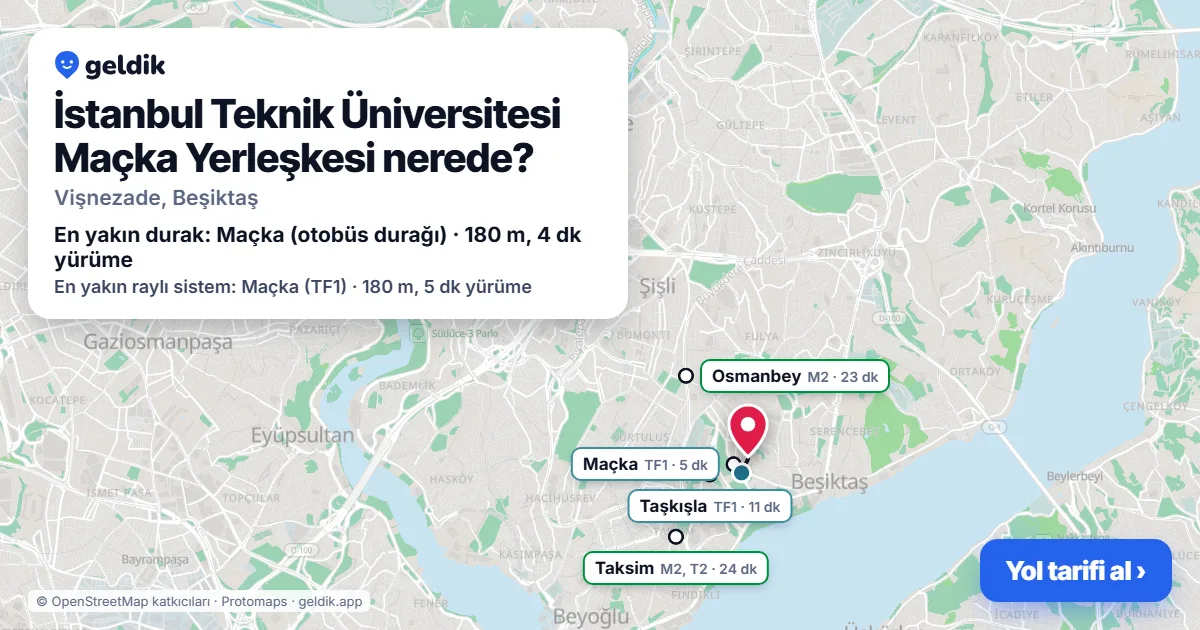 İstanbul Teknik Üniversitesi Maçka Yerleşkesi nerede: haritada konumu ve en yakın duraklar, yürüme süreleriyle