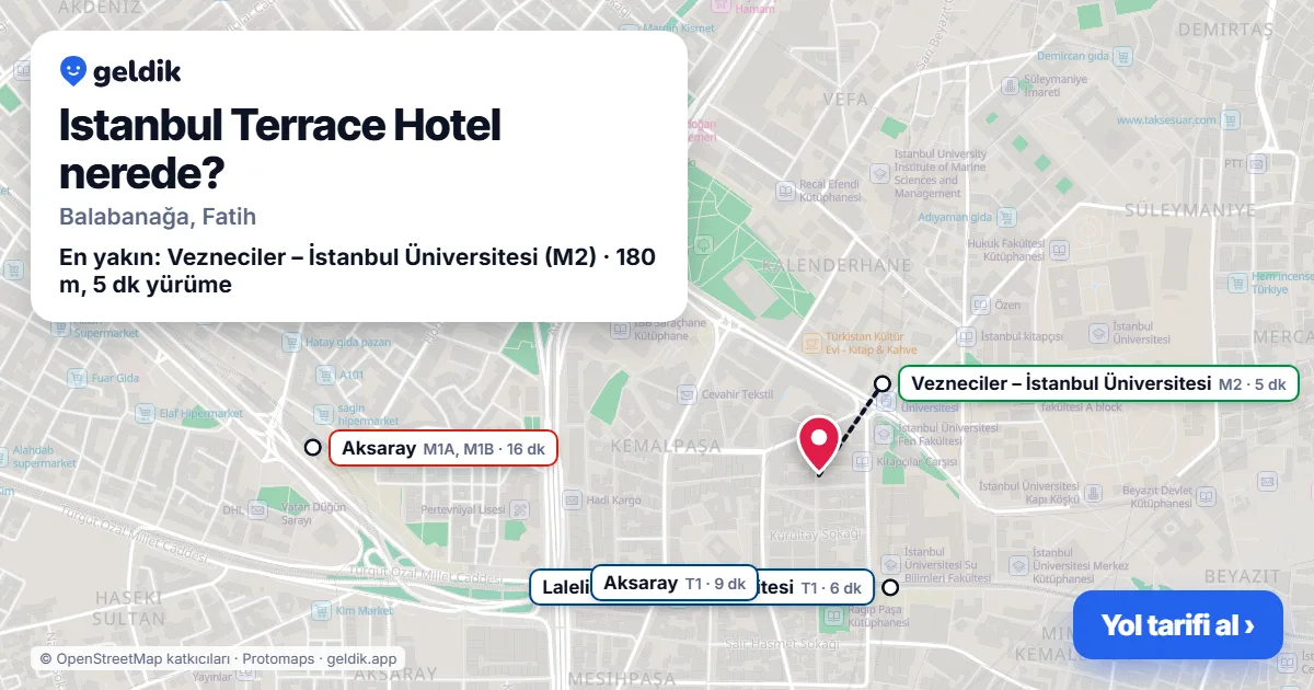 Istanbul Terrace Hotel nerede: haritada konumu ve en yakın duraklar, yürüme süreleriyle