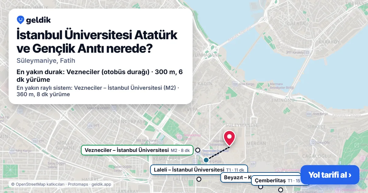 Where is İstanbul Üniversitesi Atatürk ve Gençlik Anıtı: map with its location and the nearest stops, with walking times