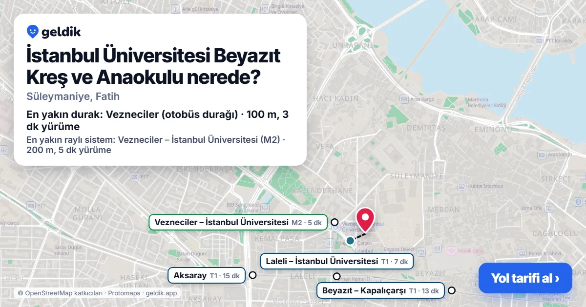 İstanbul Üniversitesi Beyazıt Kreş ve Anaokulu nerede: haritada konumu ve en yakın duraklar, yürüme süreleriyle
