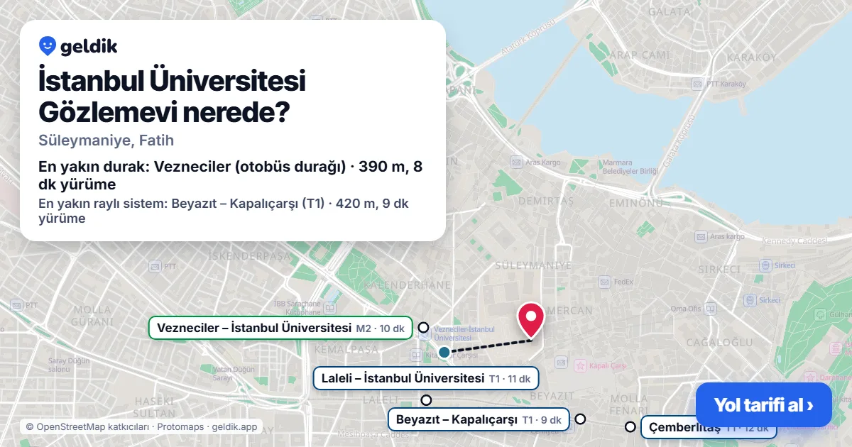 İstanbul Üniversitesi Gözlemevi nerede: haritada konumu ve en yakın duraklar, yürüme süreleriyle