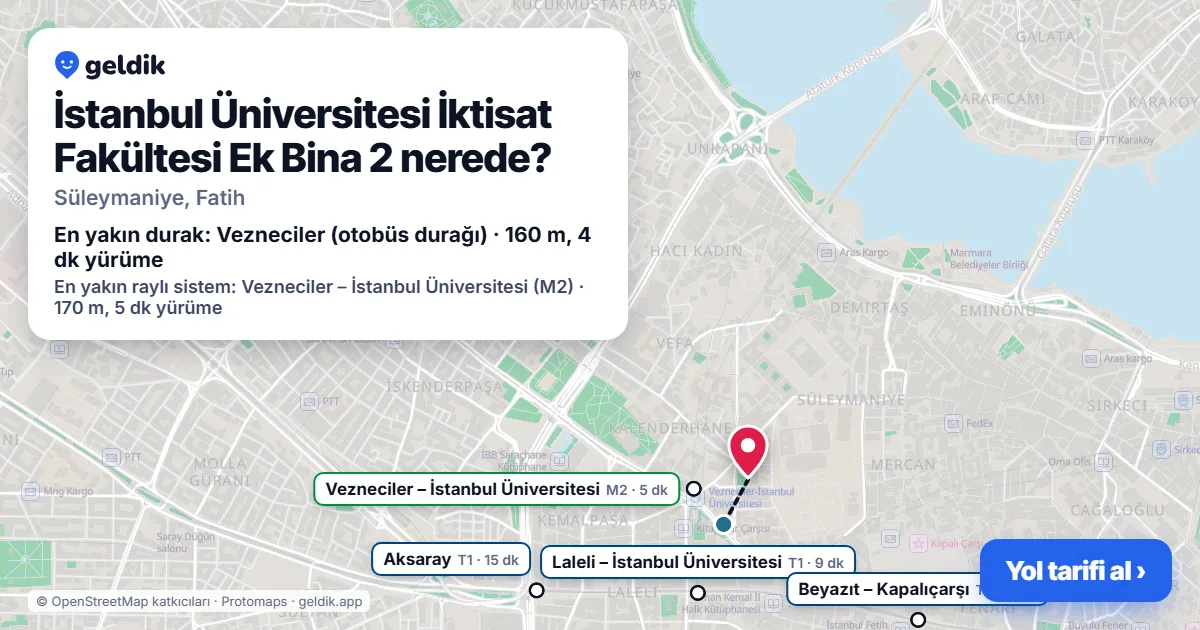 Where is İstanbul Üniversitesi İktisat Fakültesi Ek Bina 2: map with its location and the nearest stops, with walking times