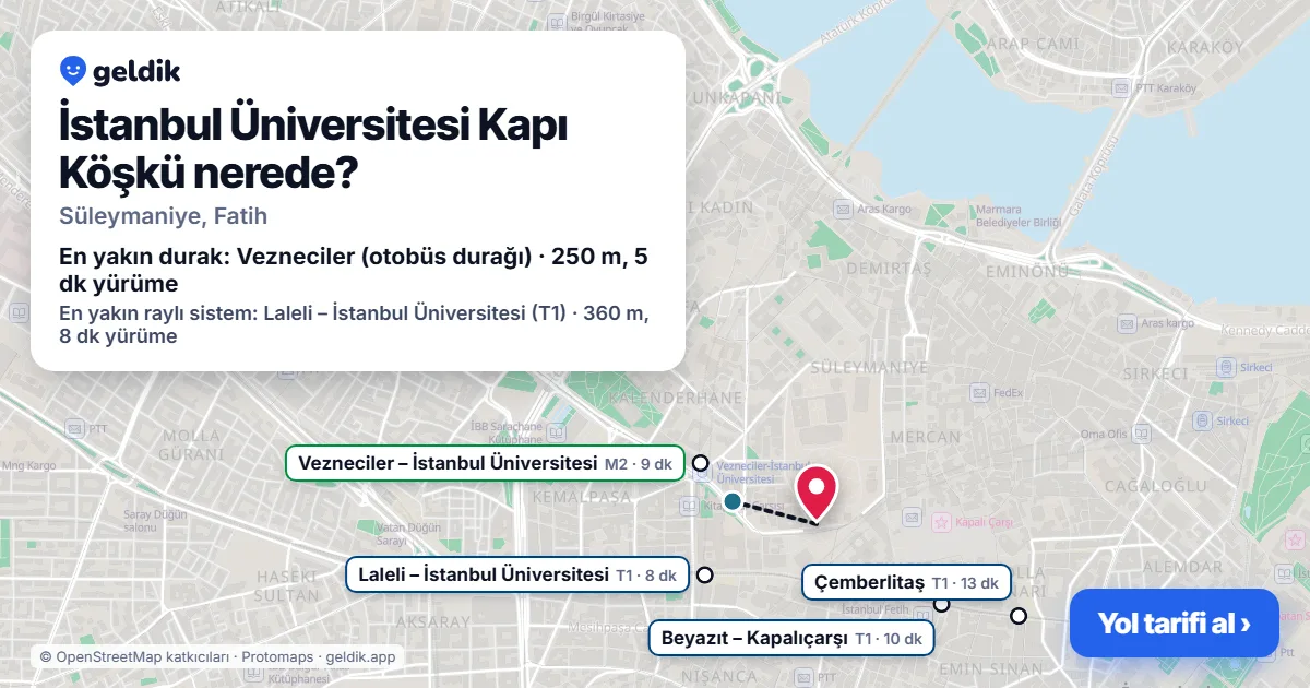 İstanbul Üniversitesi Kapı Köşkü nerede: haritada konumu ve en yakın duraklar, yürüme süreleriyle
