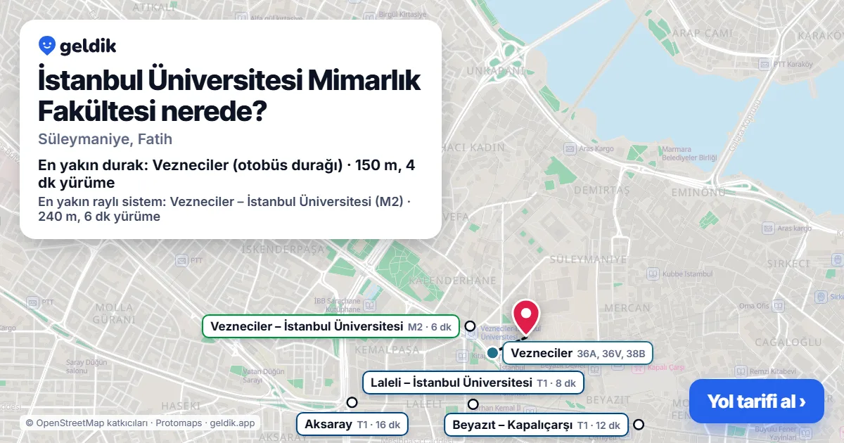 İstanbul Üniversitesi Mimarlık Fakültesi nerede: haritada konumu ve en yakın duraklar, yürüme süreleriyle