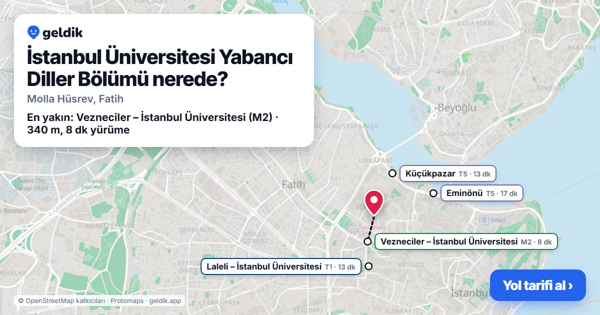İstanbul Üniversitesi Yabancı Diller Bölümü nerede: haritada konumu ve en yakın duraklar, yürüme süreleriyle