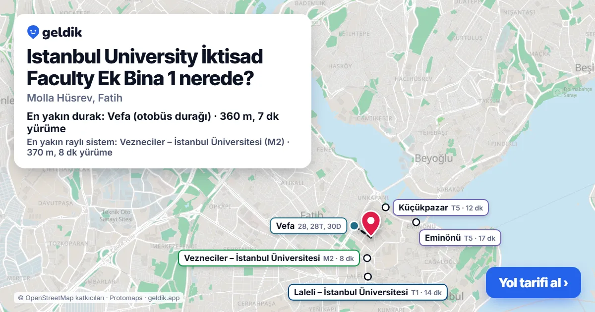 Istanbul University İktisad Faculty Ek Bina 1 nerede: haritada konumu ve en yakın duraklar, yürüme süreleriyle