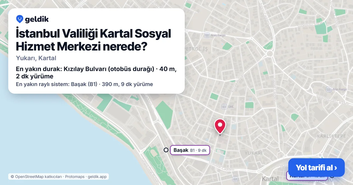 Where is İstanbul Valiliği Kartal Sosyal Hizmet Merkezi: map with its location and the nearest stops, with walking times