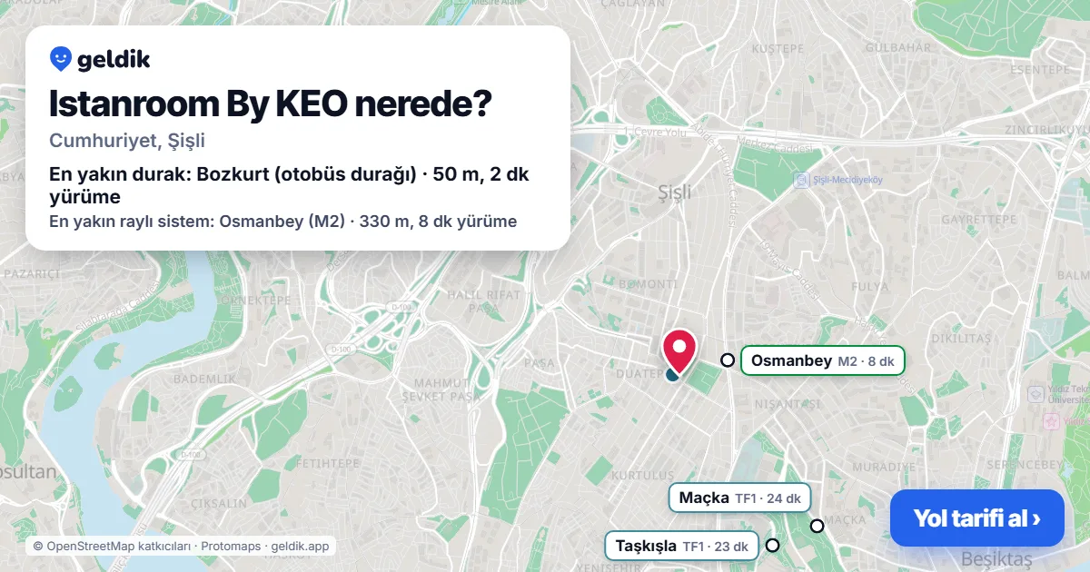 Istanroom By KEO nerede: haritada konumu ve en yakın duraklar, yürüme süreleriyle