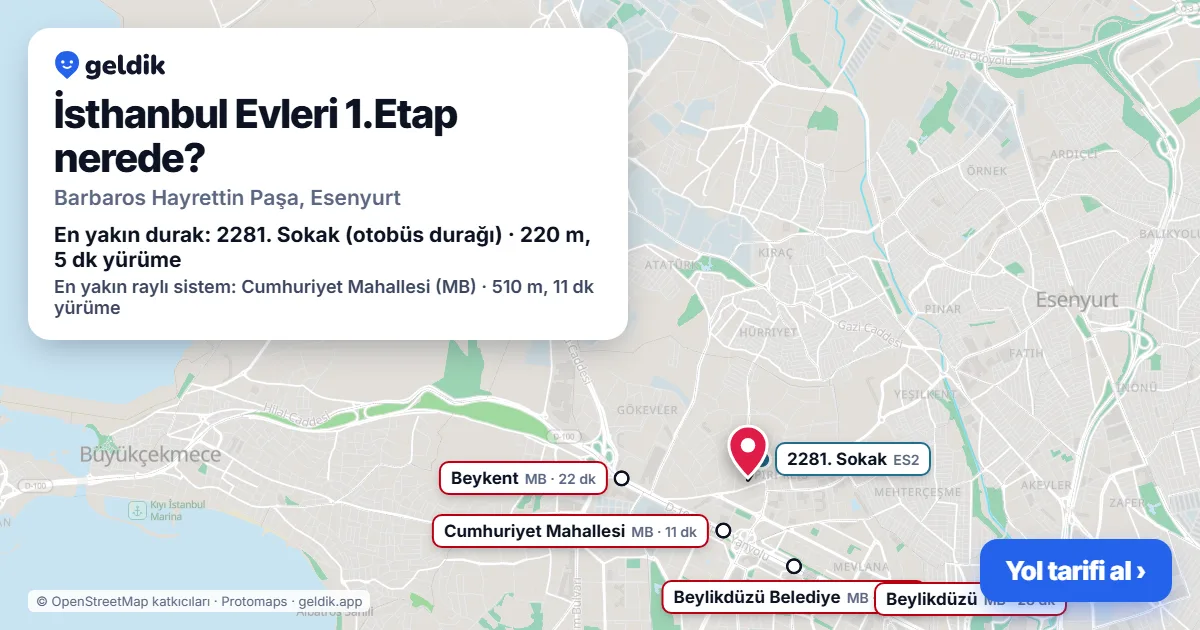 İsthanbul Evleri 1.Etap nerede: haritada konumu ve en yakın duraklar, yürüme süreleriyle