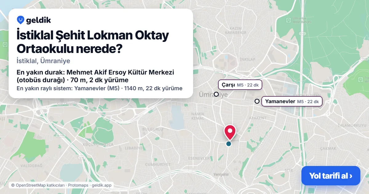 Where is İstiklal Şehit Lokman Oktay Ortaokulu: map with its location and the nearest stops, with walking times