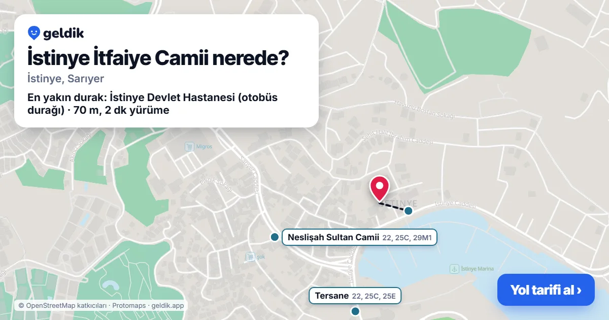 Where is İstinye İtfaiye Camii: map with its location and the nearest stops, with walking times