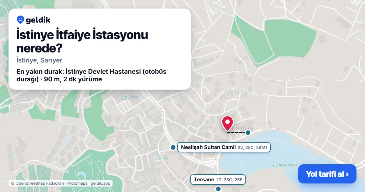 İstinye İtfaiye İstasyonu nerede: haritada konumu ve en yakın duraklar, yürüme süreleriyle