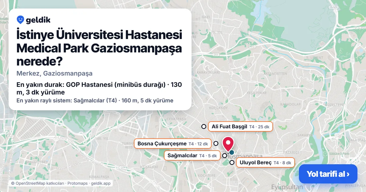 İstinye Üniversitesi Hastanesi Medical Park Gaziosmanpaşa nerede: haritada konumu ve en yakın duraklar, yürüme süreleriyle