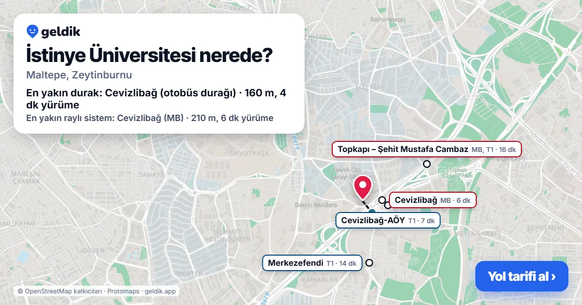 Where is İstinye Üniversitesi: map with its location and the nearest stops, with walking times