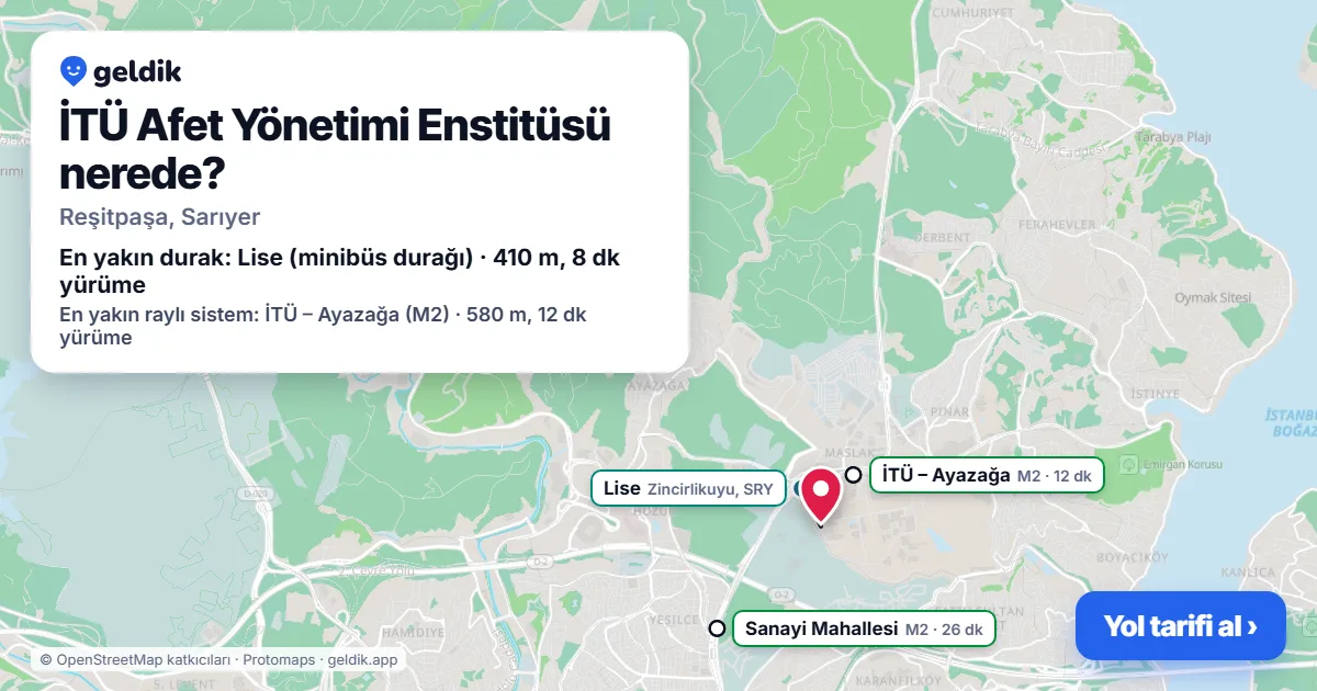 Where is İTÜ Afet Yönetimi Enstitüsü: map with its location and the nearest stops, with walking times