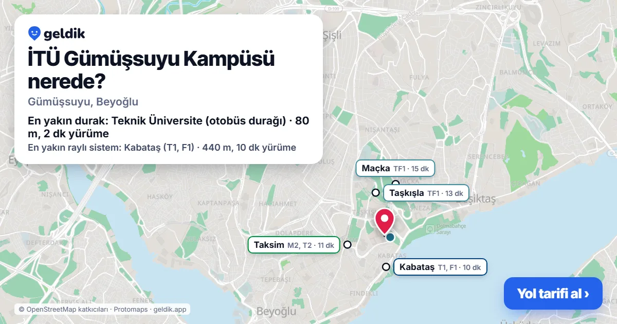 İTÜ Gümüşsuyu Kampüsü nerede: haritada konumu ve en yakın duraklar, yürüme süreleriyle