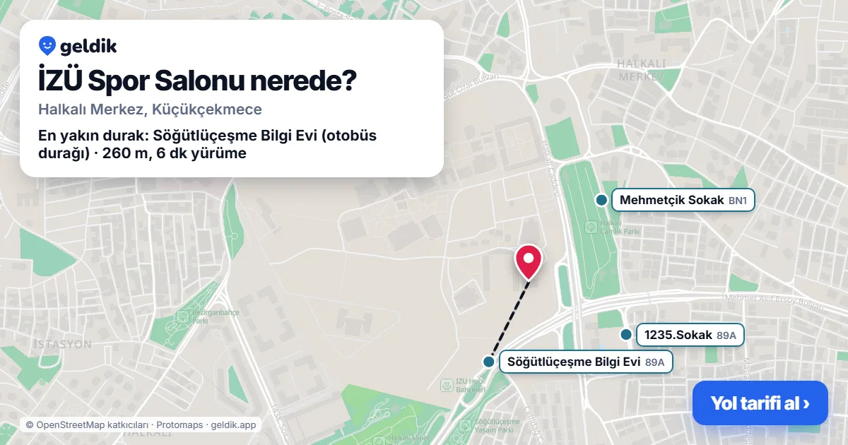 Where is İZÜ Spor Salonu: map with its location and the nearest stops, with walking times