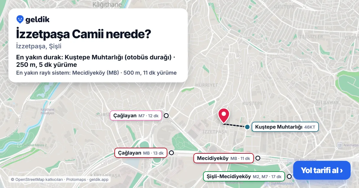 İzzetpaşa Camii nerede: haritada konumu ve en yakın duraklar, yürüme süreleriyle
