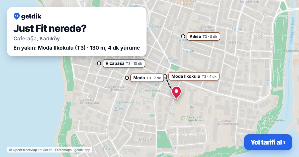 Just Fit nerede: haritada konumu ve en yakın duraklar, yürüme süreleriyle