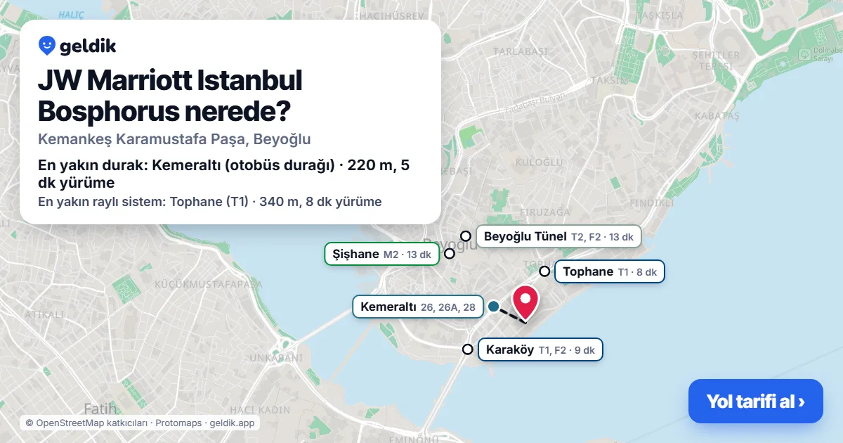Where is JW Marriott Istanbul Bosphorus: map with its location and the nearest stops, with walking times