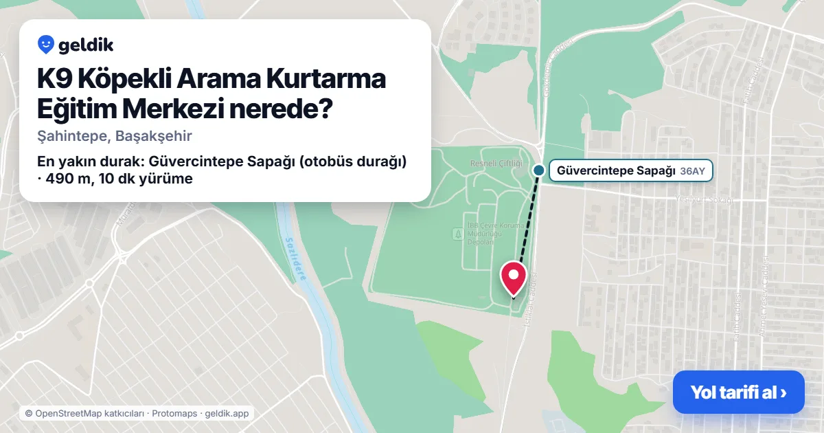 Where is K9 Köpekli Arama Kurtarma Eğitim Merkezi: map with its location and the nearest stops, with walking times