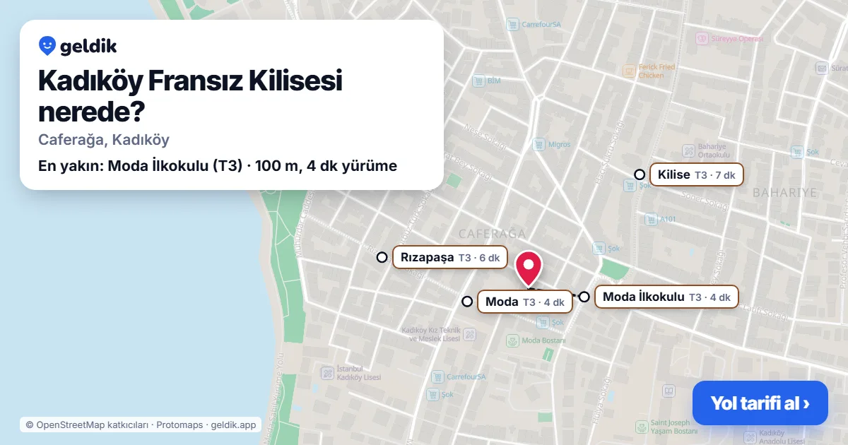 Where is Kadıköy Fransız Kilisesi: map with its location and the nearest stops, with walking times