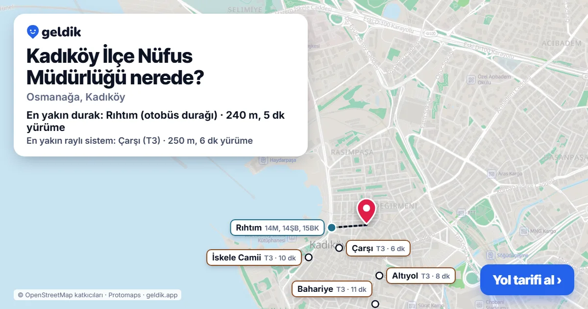 Kadıköy İlçe Nüfus Müdürlüğü nerede: haritada konumu ve en yakın duraklar, yürüme süreleriyle