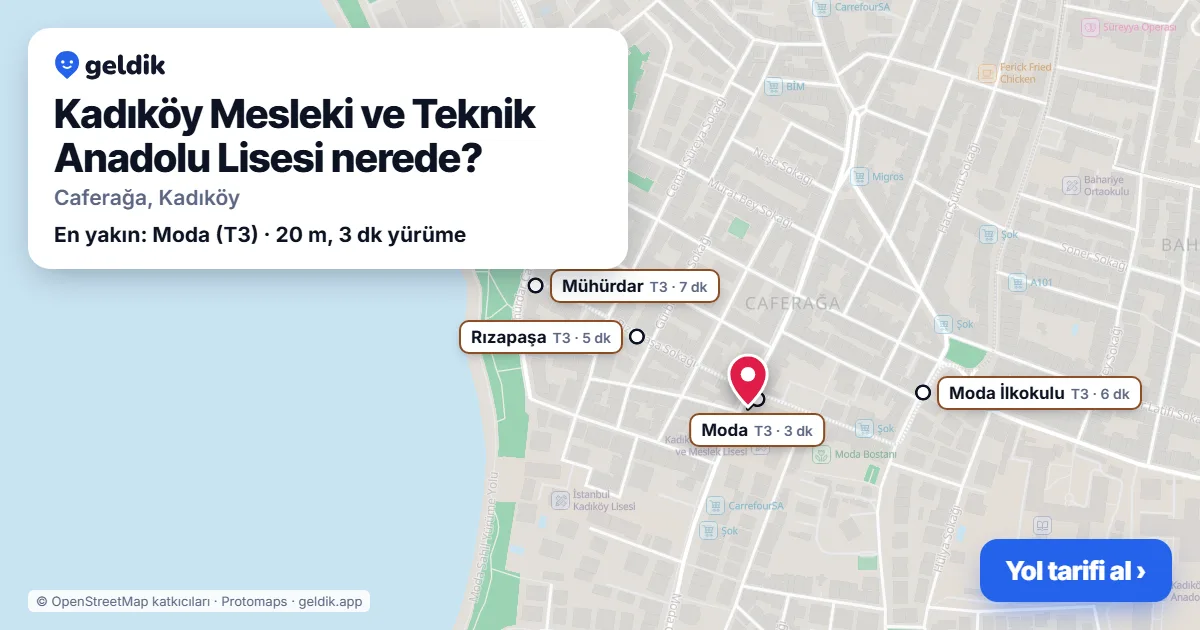 Where is Kadıköy Mesleki ve Teknik Anadolu Lisesi: map with its location and the nearest stops, with walking times