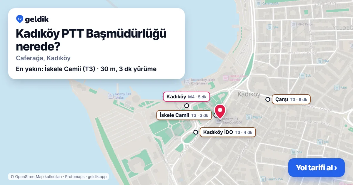 Where is Kadıköy PTT Başmüdürlüğü: map with its location and the nearest stops, with walking times