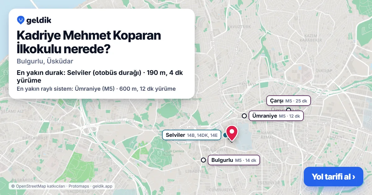 Kadriye Mehmet Koparan İlkokulu nerede: haritada konumu ve en yakın duraklar, yürüme süreleriyle