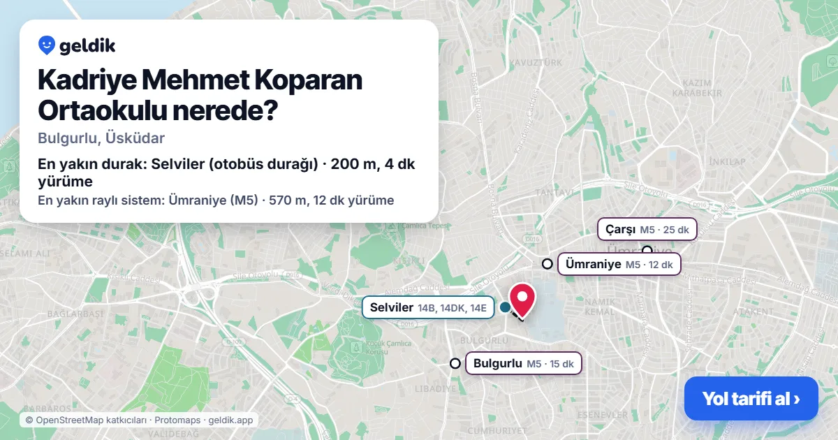 Kadriye Mehmet Koparan Ortaokulu nerede: haritada konumu ve en yakın duraklar, yürüme süreleriyle