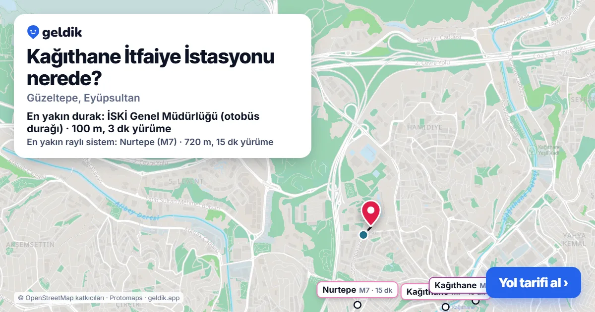 Where is Kağıthane İtfaiye İstasyonu: map with its location and the nearest stops, with walking times