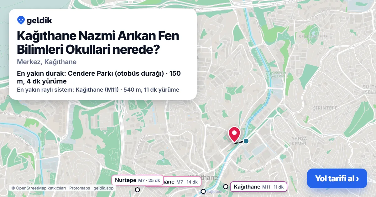 Where is Kağıthane Nazmi Arıkan Fen Bilimleri Okullari: map with its location and the nearest stops, with walking times