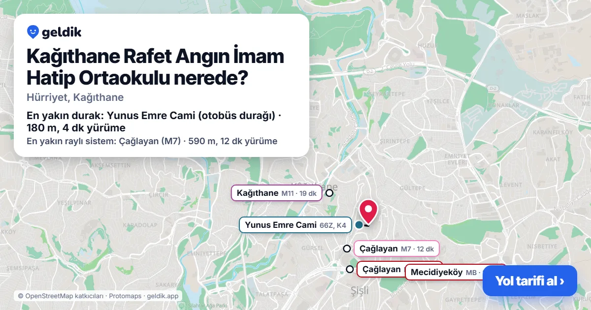 Kağıthane Rafet Angın İmam Hatip Ortaokulu nerede: haritada konumu ve en yakın duraklar, yürüme süreleriyle