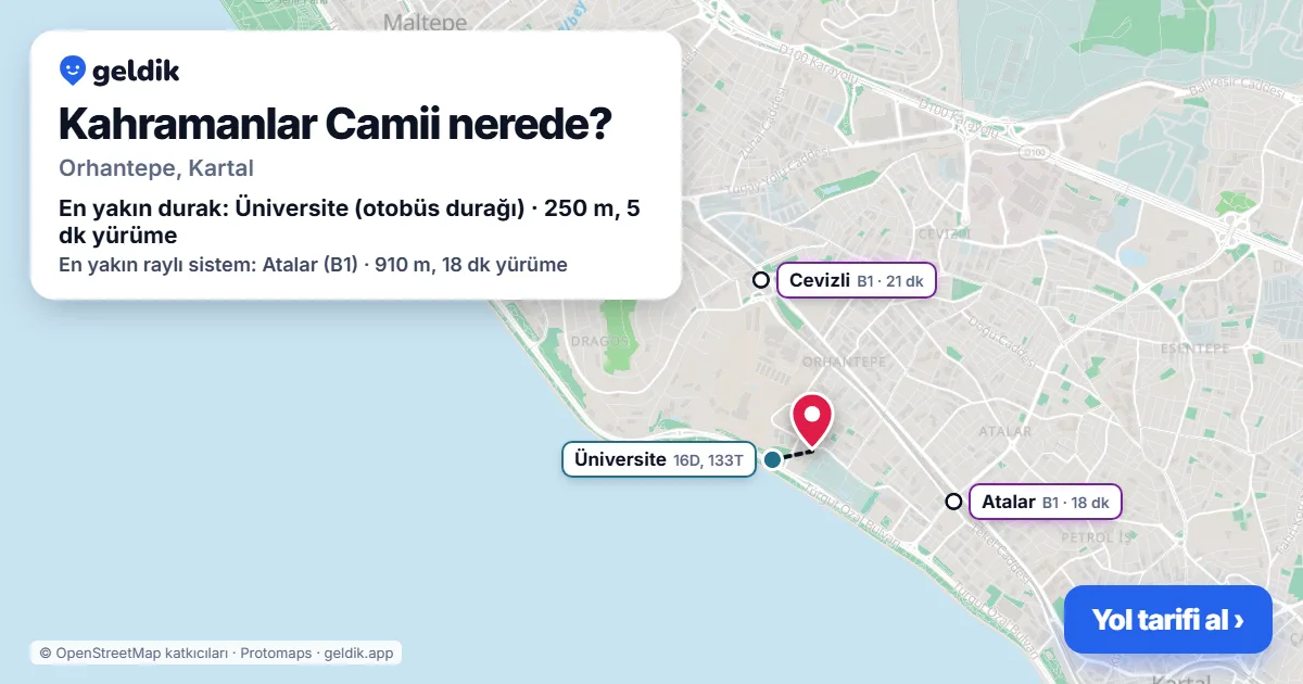 Kahramanlar Camii nerede: haritada konumu ve en yakın duraklar, yürüme süreleriyle
