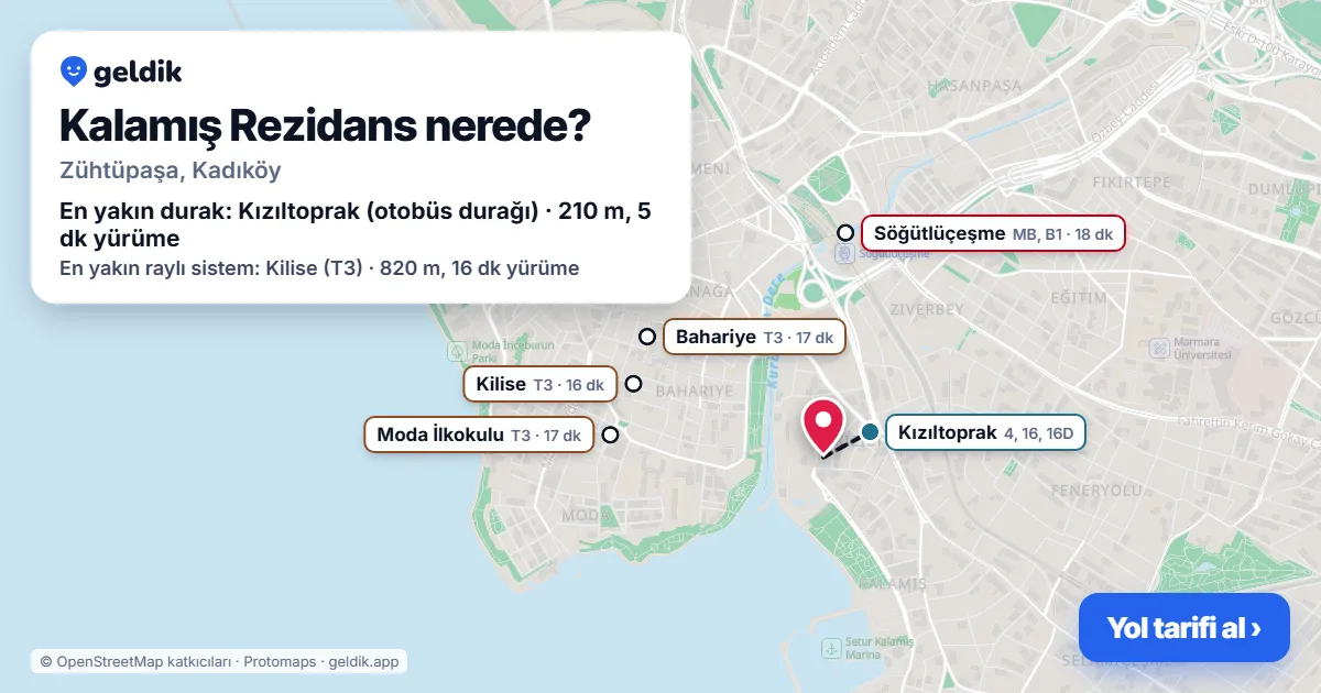 Where is Kalamış Rezidans: map with its location and the nearest stops, with walking times