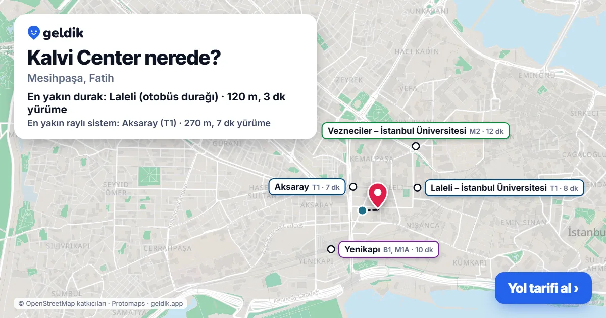 Where is Kalvi Center: map with its location and the nearest stops, with walking times
