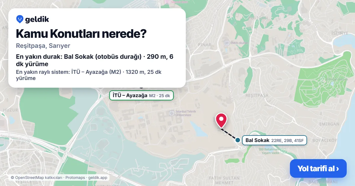 Kamu Konutları nerede: haritada konumu ve en yakın duraklar, yürüme süreleriyle