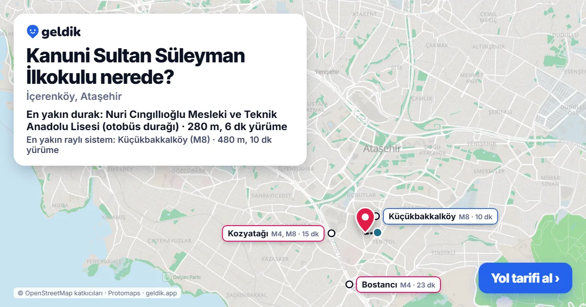 Kanuni Sultan Süleyman İlkokulu nerede: haritada konumu ve en yakın duraklar, yürüme süreleriyle