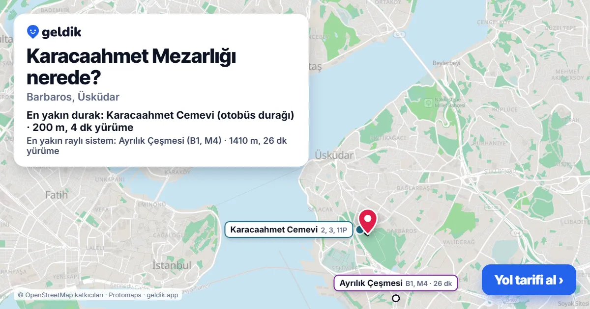 Karacaahmet Mezarlığı nerede: haritada konumu ve en yakın duraklar, yürüme süreleriyle