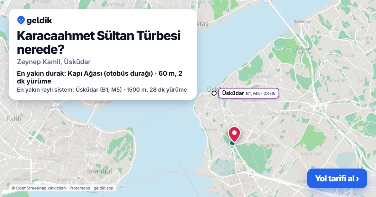 Karacaahmet Sültan Türbesi nerede: haritada konumu ve en yakın duraklar, yürüme süreleriyle